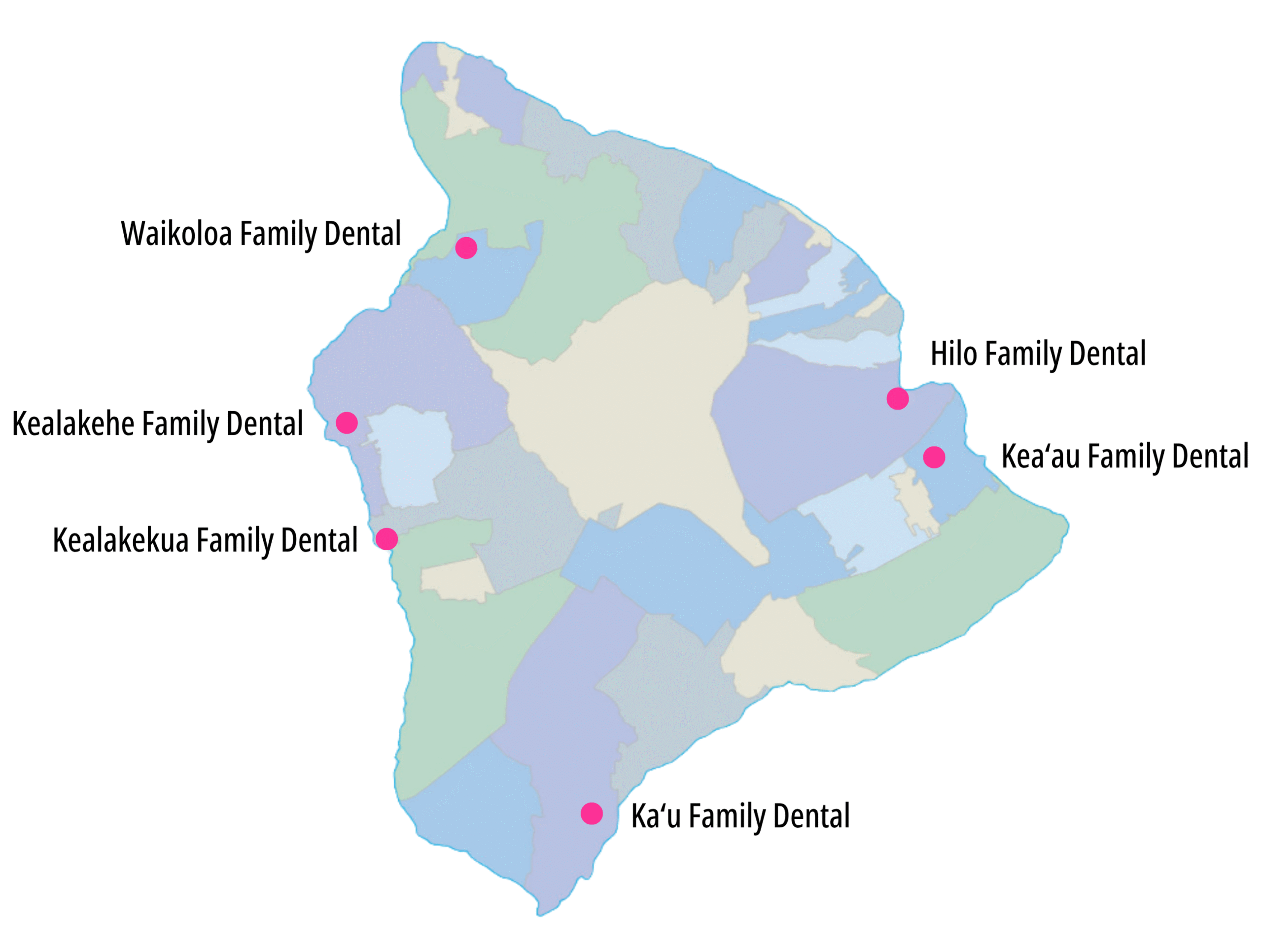 Big Island of Hawai'i showing HICHC dental clinic locations